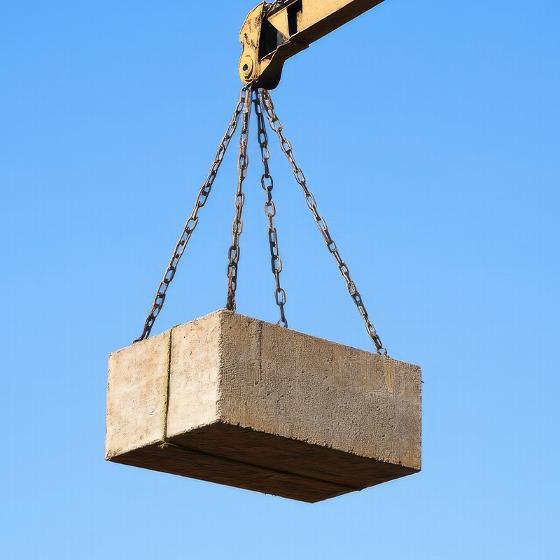 A construction site with a crane lifting metal beams from a flatbed truck while a clear blue sky with clouds is visible in the background showcasing the industrial setting with eight metal beams laid out on the ground